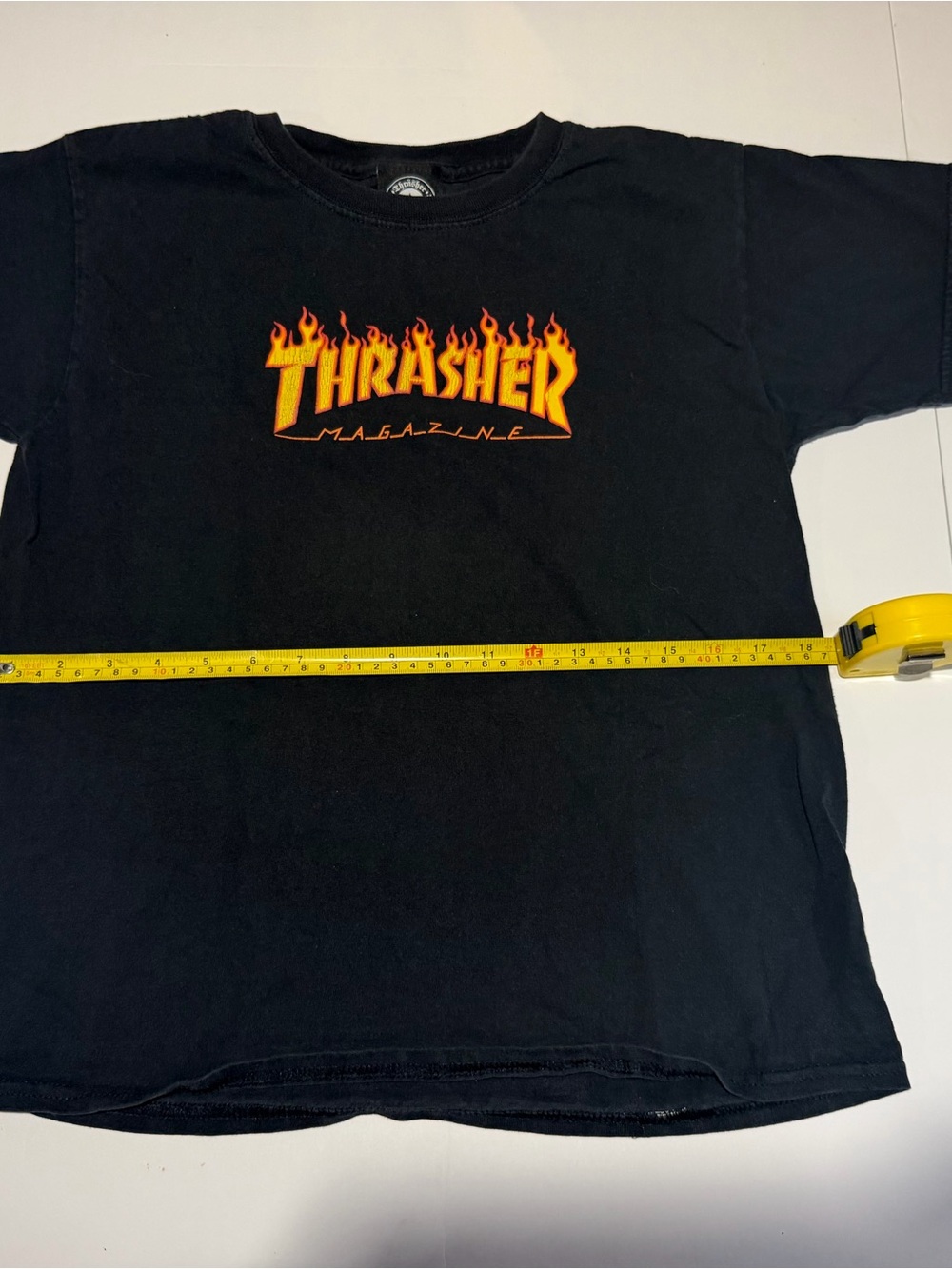 Thrasher Black Tee with Yellow-Orange Flame Logo - Kids